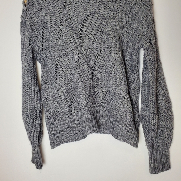 ASTR the Label Dora Pointelle Heather Grey Crew neck Knit Sweater puff sleeves - Picture 5 of 8